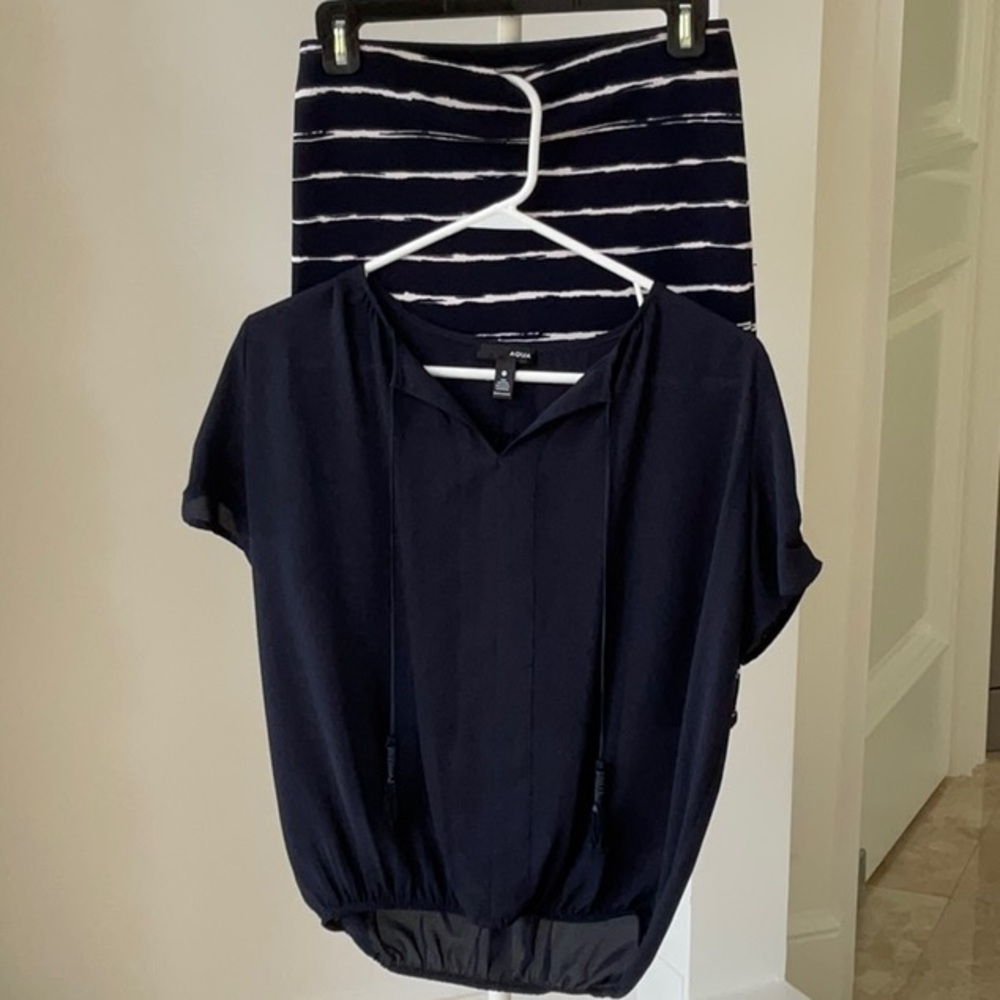 Aqua Navy Blue Tassel Blouse with Striped Skirt